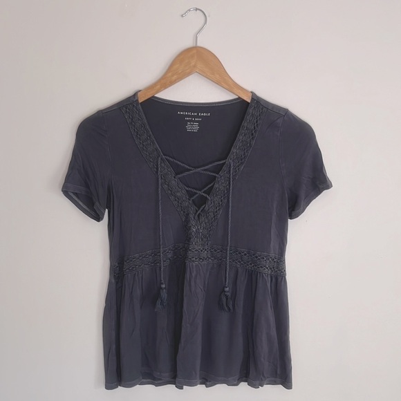 American Eagle Lace Trim Corset Tie Shirt - Picture 1 of 5